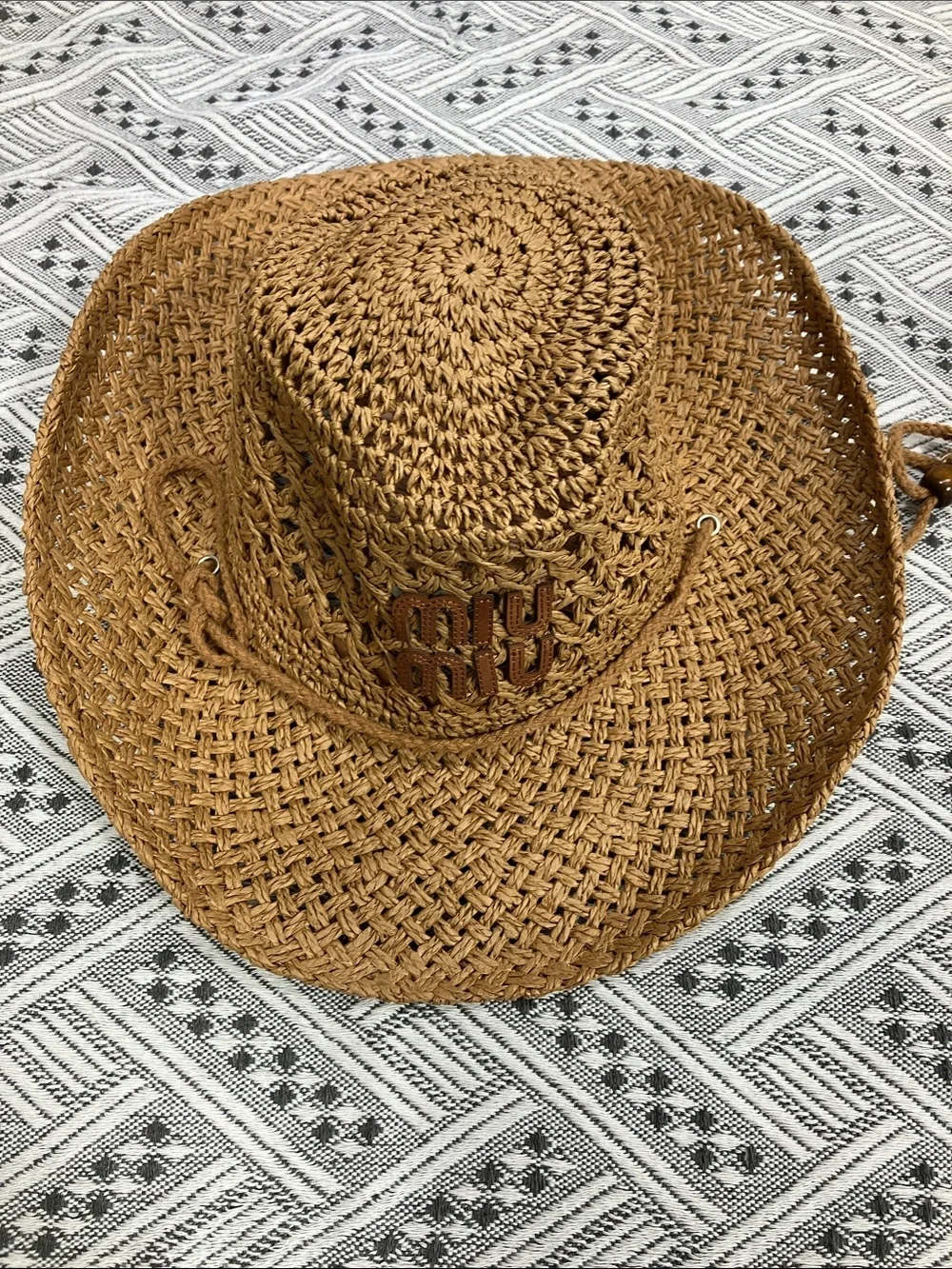 Miu Miu Women's Straw Hat Signature Logo Summer Resort Hat